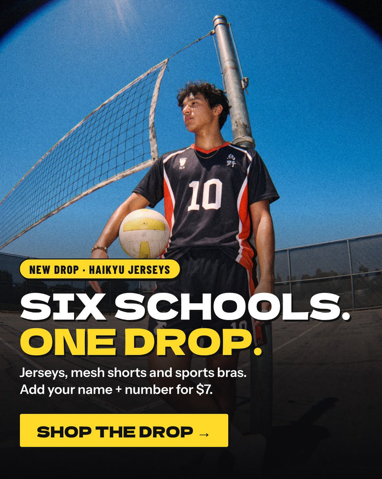 New drop, Haikyu jerseys. Six schools. One drop. Jerseys, mesh shorts and sports bras. Add your name + number for $7. Shop the drop