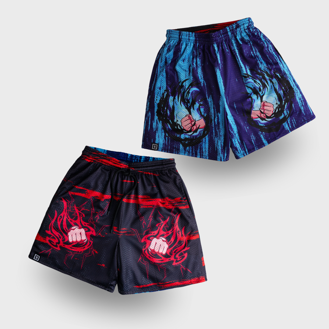 Two pairs of graphic print shorts on a white background.