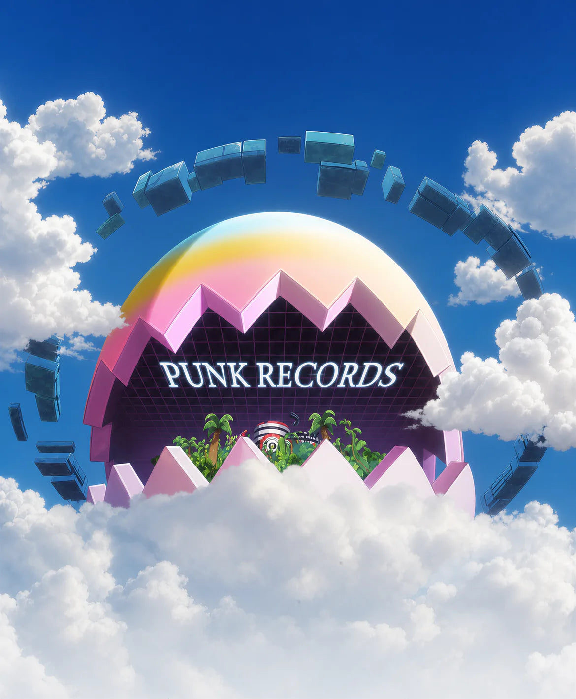 Egghead Island — the cracked Punk Records egg floating on a sea of clouds